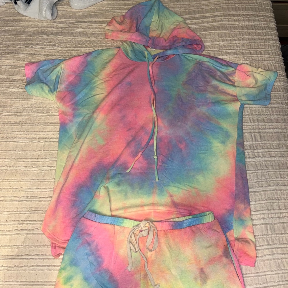 Colorful Tie-Dye Hoodie and Shorts Set